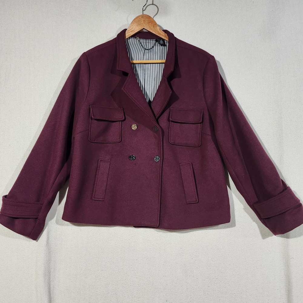 Chico's Burgundy Double Breasted Blazer Jacket Pinstripe Lining Size 2 M/L